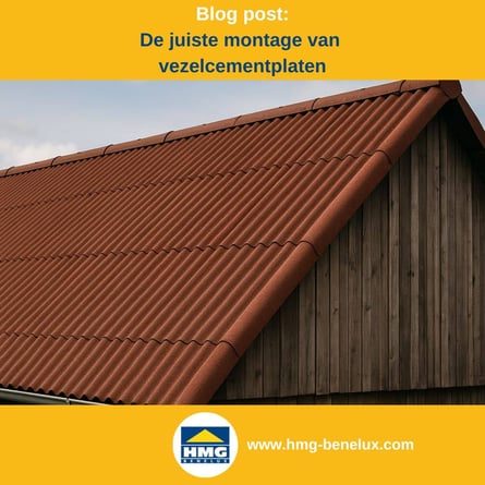 Titelafbeelding van een blogbericht met als onderwerp ‘Montage van vezelcementplaten’ – afgebeeld is een houten schuur met roodbruine vezelcementgolfplaten, met daarnaast het logo en het webadres van HMG Benelux shop.
