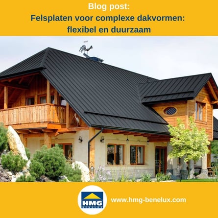 Titelafbeelding van een blogbericht met als onderwerp ‘Zehfalz voor complexe daken’ – afgebeeld is een woonhuis met felsplaat, met daarnaast het logo en het webadres van HMG Benelux shop.de.