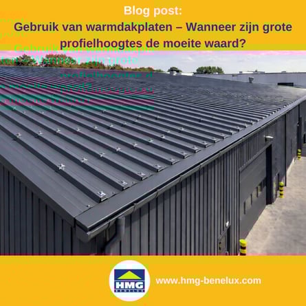 Titelafbeelding van een blogbericht met als thema ‘Warmdakplaten gebruiken’ – te zien is een dak met grijze warmdakplaten, met daarnaast het logo en het webadres van HMG Benelux shop.com.