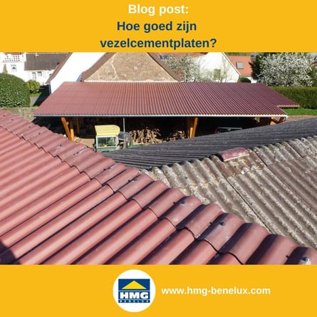 Titelafbeelding van een blogbericht met als onderwerp ‘vezelcementplaten’ – er worden verschillende daken met vezelcementplaten getoond, samen met het logo en het webadres van HMG Benelux shop.