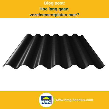 Titelafbeelding van een blogbericht met als onderwerp ‘Duurzaamheid van vezelcementplaten’ – afgebeeld is een zwarte vezelcementplaat met daarnaast het logo en het webadres van HMG Benelux shop.