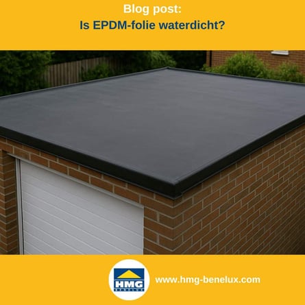 Titelafbeelding van een blogbericht met als onderwerp ‘EPDM - waterdicht’ – afgebeeld garage met EDPM dak, met daarnaast het logo en het webadres van HMG Benelux shop.