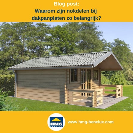 Titelafbeelding van een blogbericht met als onderwerp ‘Eindstukken voor dakpanplaten’ – afgebeeld is een dakpanplaat in zinklook, met daarnaast het logo en het webadres van HMG Benelux shop.