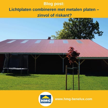 Titelafbeelding van een blogbericht met als onderwerp ‘lichtplaten en metalen platen’ – te zien is een hal met rode damwandplaten en lichtplaten, plus het logo en het webadres van hmg-benelux-shop.com.