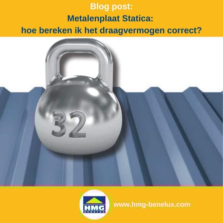 Titelafbeelding van een blogbericht met als onderwerp ‘Profielplaatstatica’ – afgebeeld is een trapeziumplaat met een gewicht, samen met het logo en het webadres van HMG Benelux shop.com