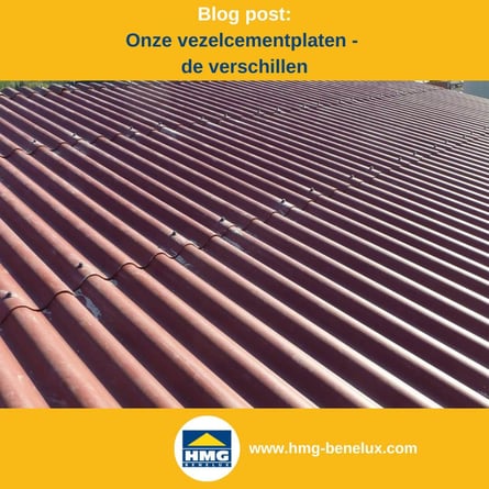 Titelafbeelding van een blogbericht met als onderwerp ‘vezelcementplaten’ – te zien is een dakbedekking met rode vezelcementplaten, samen met het logo en het webadres van hmg-benelux-shop.com.
