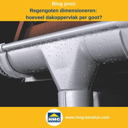 Titelafbeelding van een blogbericht met als onderwerp ‘Regenrinne dimensioniere’ – te zien is een regengoot met de nadruk op de gootuitloop, plus het logo en het webadres van HMG Benelux shop.