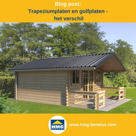 Titelafbeelding van een blogbericht met als onderwerp ‘Trapezium- en golfplaten’ – te zien is een tuinhuis met donkergrijze trapeziumplaat, met daarnaast het logo en het webadres van hmg-benelux-shop.com.