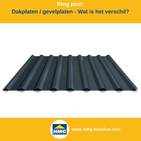 Titelafbeelding van een blogbericht met als onderwerp ‘Verschil tussen dak- en wandplaat’ – er wordt een antracietkleurige dakplaat getoond, samen met het logo en het webadres van hmg-benelux-shop.com.