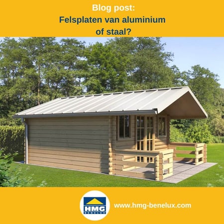Titelafbeelding van een blogbericht met als onderwerp ‘Felsplaten van welk materiaal’ – te zien is een tuinhuis met witte felsplaat, met daarnaast het logo en het webadres van hmg-benelux.com.