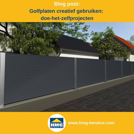 Titelafbeelding van een blogbericht met als thema ‘Golfplaten DIY’ – te zien is een zichtscherm van golfplaten, met daarnaast het logo en het webadres van HMG Benelux shop.