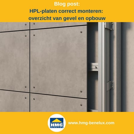 Titelafbeelding van een blogbericht met als onderwerp ‘HPL-platen monteren’ – te zien is een vat met HPL-platen in betonlook, met daarnaast het logo en het webadres van HMG Benelux shop.