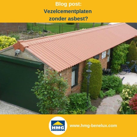 Titelafbeelding van een blogbericht met als onderwerp ‘Vezelcementplaten ook zonder asbest’ – te zien is een dakbedekking van een garage met rode vezelcementplaten, plus het logo en het webadres van hmg-benelux-shop.com.