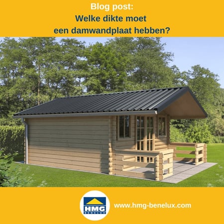 Titelafbeelding van een blogbericht met als thema ‘Sterke punten van damwandplaten’ – afgebeeld is een houten tuinhuis met een dakbedekking van damwandplaten, met daarnaast het logo en het webadres van HMG Benelux shop.