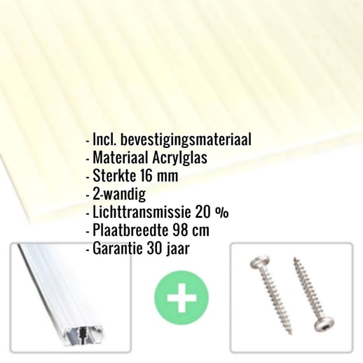 Acrylaat kanaalplaat | 16 mm | Profiel A1 | Voordeelpakket | Plaatbreedte 98 cm | Opaal wit / goud | Breedte 3,08 m | Lengte 2,00 m #2