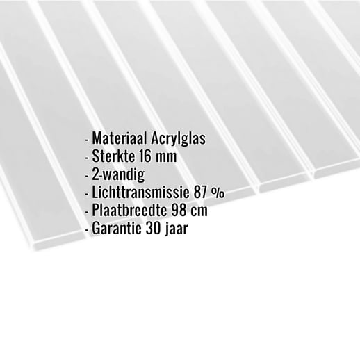 Acrylaat kanaalplaat | 16 mm | Breedte 98 cm | Helder | Extra brede kanalen | 2,00 m #2
