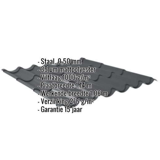 Dakpanplaat 2/1060 | Anti-Drup 1000 g/m² | Staal 0,50 mm | 35 µm Mattpolyester | 23 - Donkergrijs #2