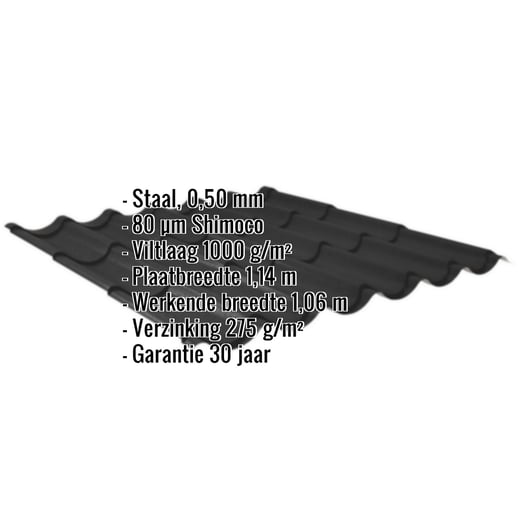 Dakpanplaat 2/1060 | Anti-Drup 1000 g/m² | Staal 0,50 mm | 80 µm Shimoco | 9005 - Gitzwart #2