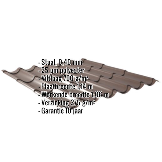 Dakpanplaat 2/1060 | Anti-Drup 700 g/m² | Restpartij | Staal 0,40 mm | 25 µm Polyester | 8014 - Sepiabruin #2