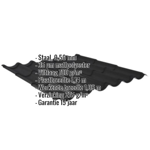 Dakpanplaat 2/1060 | Anti-Drup 700 g/m² | Staal 0,50 mm | 35 µm Mattpolyester | 33 - Zwart #2