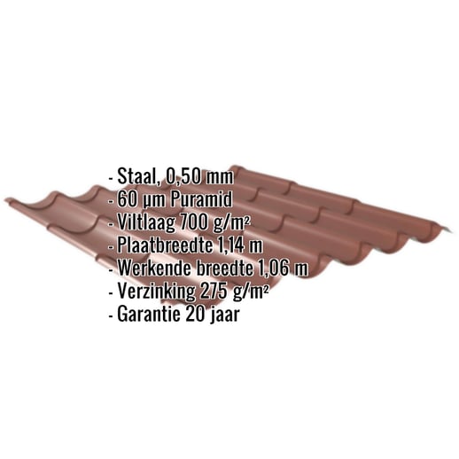 Dakpanplaat 2/1060 | Anti-Drup 700 g/m² | Staal 0,50 mm | 60 µm Puramid | 8012 - Roodbruin #2