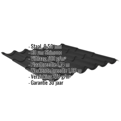 Dakpanplaat 2/1060 | Anti-Drup 700 g/m² | Staal 0,50 mm | 80 µm Shimoco | 9005 - Gitzwart #2