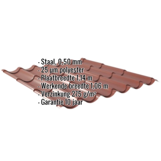 Dakpanplaat 2/1060 | Staal 0,50 mm | 25 µm Polyester | 8012 - Roodbruin #2