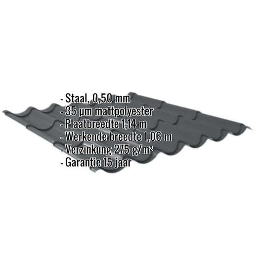 Dakpanplaat 2/1060 | Staal 0,50 mm | 35 µm Mattpolyester | 23 - Donkergrijs #2