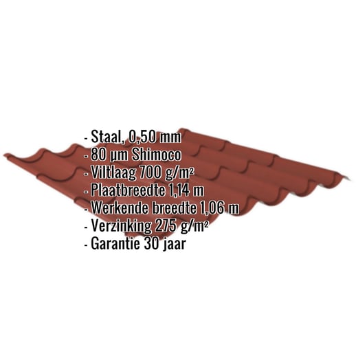 Dakpanplaat 2/1060 | Staal 0,50 mm | 80 µm Shimoco | 3009 - Oxyderood #2