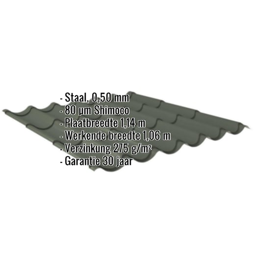 Dakpanplaat 2/1060 | Staal 0,50 mm | 80 µm Shimoco | 6020 - Chroomoxydegroen #2