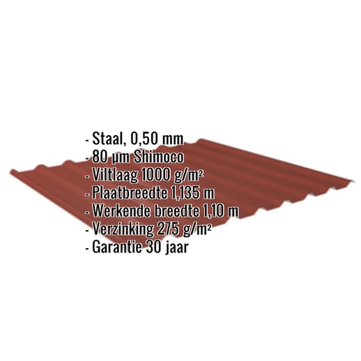 Damwandplaat 20/1100 | Dak | Anti-Drup 1000 g/m² | Staal 0,50 mm | 80 µm Shimoco | 3009 - Oxyderood #2