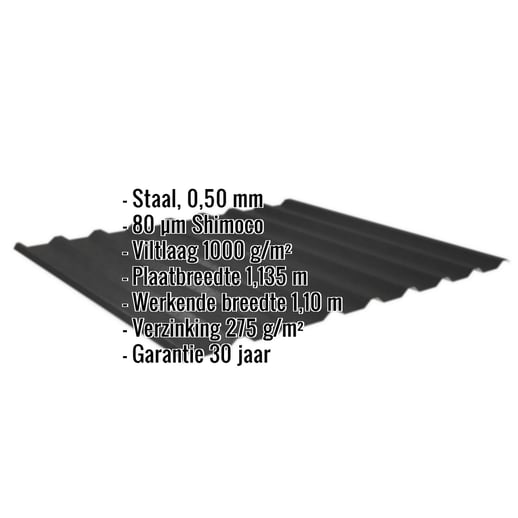 Damwandplaat 20/1100 | Dak | Anti-Drup 1000 g/m² | Staal 0,50 mm | 80 µm Shimoco | 9005 - Gitzwart #2