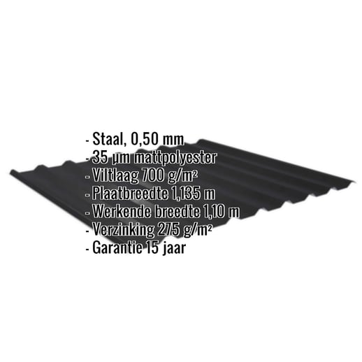 Damwandplaat 20/1100 | Dak | Anti-Drup 700 g/m² | Staal 0,50 mm | 35 µm Mattpolyester | 33 - Zwart #2