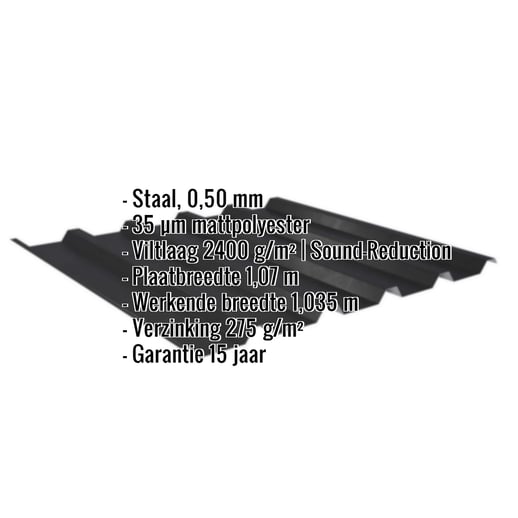 Damwandplaat 35/207 | Dak | Anti-Drup 1000 g/m² | Staal 0,50 mm | 35 µm Mattpolyester | 33 - Zwart #2