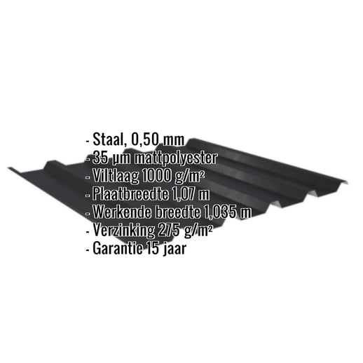 Damwandplaat 35/207 | Dak | Anti-Drup 1000 g/m² | Staal 0,50 mm | 35 µm Mattpolyester | 33 - Zwart #2