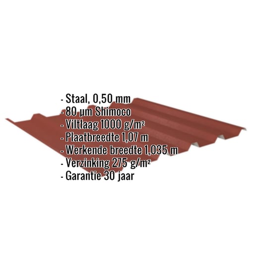 Damwandplaat 35/207 | Dak | Anti-Drup 1000 g/m² | Staal 0,50 mm | 80 µm Shimoco | 3009 - Oxyderood #2