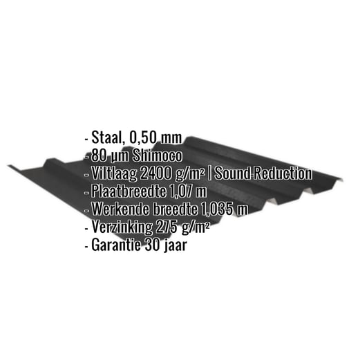 Damwandplaat 35/207 | Dak | Anti-Drup 1000 g/m² | Staal 0,50 mm | 80 µm Shimoco | 9005 - Gitzwart #2