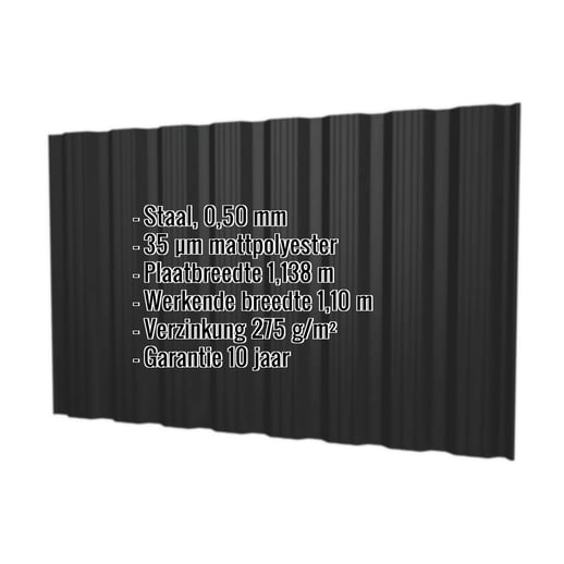 Damwandplaat T18DR | Gevel | Staal 0,50 mm | 35 µm Mattpolyester | 033 - Zwart #2