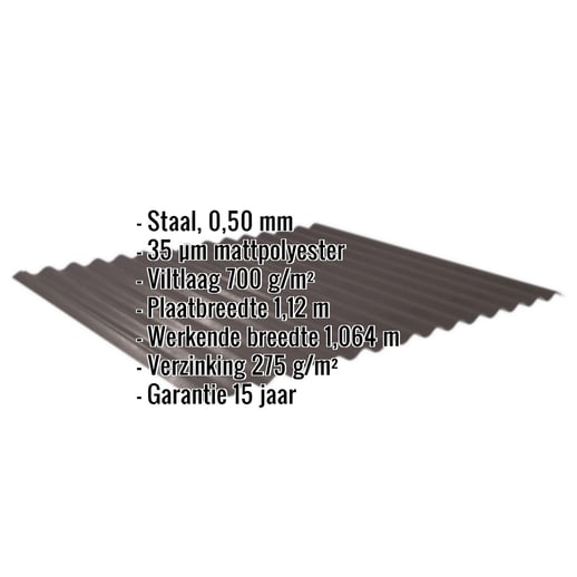 Golfplaat 18/1064 | Dak | Anti-Drup 700 g/m² | Staal 0,50 mm | 35 µm Mattpolyester | 32 - Donkerbruin #2