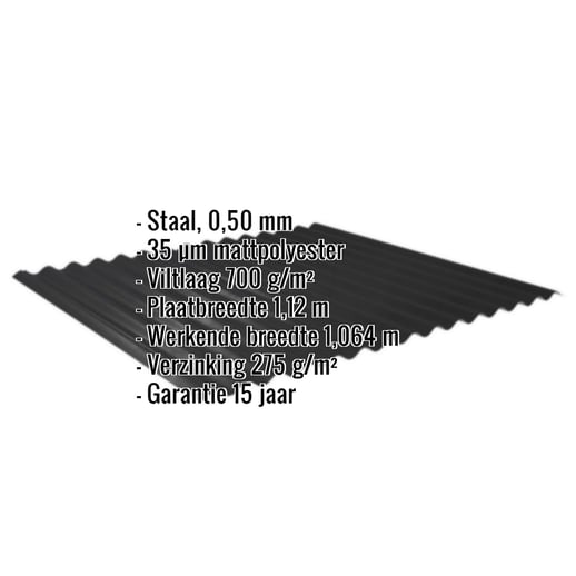 Golfplaat 18/1064 | Dak | Anti-Drup 700 g/m² | Staal 0,50 mm | 35 µm Mattpolyester | 33 - Zwart #2