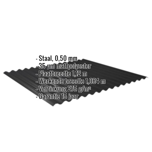 Golfplaat 18/1064 | Dak | Staal 0,50 mm | 35 µm Mattpolyester | 33 - Zwart #2