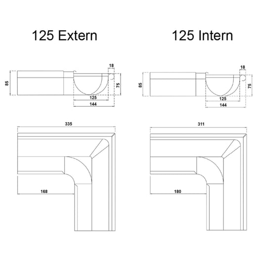 Goot binnenhoek 90° | Staal | Ø 125 mm | 7024 - Grafietgrijs #2
