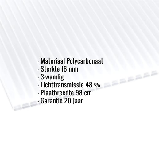 Polycarbonaat kanaalplaat | 16 mm | Breedte 98 cm | Opaal wit | Dubbelzijdige UV-bescherming | 2,00 m #2