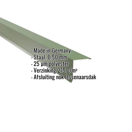 Nok lessenaarsdak | 11,5 x 11,5 cm | 80° | Staal 0,50 mm | 25 µm Polyester | 6011 - Resedagroen #2