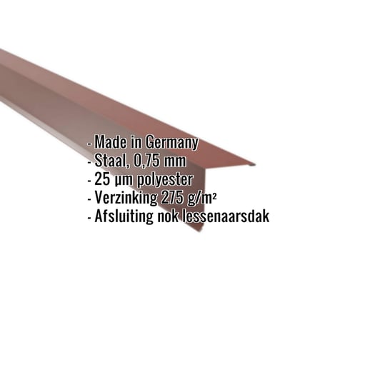 Nok lessenaarsdak | 11,5 x 11,5 cm | 80° | Staal 0,75 mm | 25 µm Polyester | 8012 - Roodbruin #2