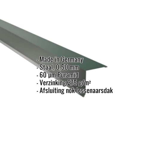Nok lessenaarsdak | 11,5 x 11,5 cm | 85° | Staal 0,50 mm | 60 µm Puramid | 6005 - Mosgroen #2