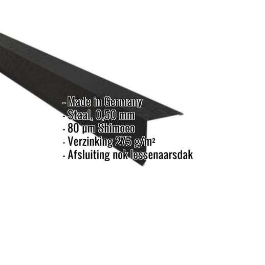 Nok lessenaarsdak | 11,5 x 11,5 cm | 85° | Staal 0,50 mm | 80 µm Shimoco | 9005 - Gitzwart #2