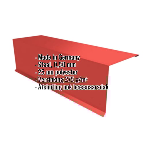 Nok lessenaarsdak | 15 cm x 15 cm x 2,00 m | 80° | Staal 0,50 mm | 25 µm Polyester | 3016 - Koraalrood #2