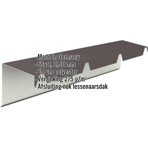 Nok lessenaarsdak | 180 x 170 x 2100 mm | 80° | Staal 0,50 mm | 25 µm Polyester | 8019 - Grijsbruin #2