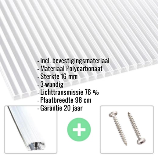 Polycarbonaat kanaalplaat | 16 mm | Profiel A1 | Voordeelpakket | Plaatbreedte 98 cm | Helder | dubbelzijdige UV-bescherming | Breedte 6,11 m | L #2